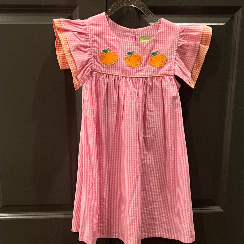 Pink Gingham Dress with Pumpkin Appliqué